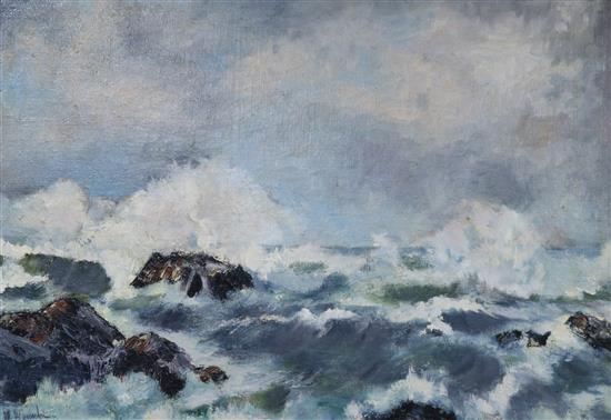 Maria Moreschi, oil on board, waves breaking on the shore, signed 47 x 66cm